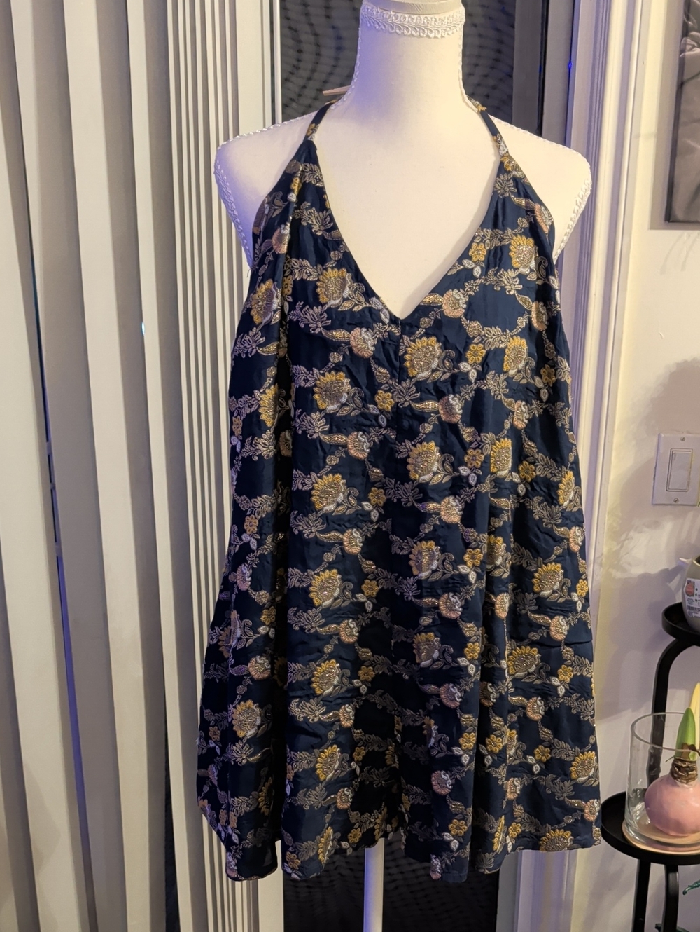 Free People Navy Floral Metallic Gold  Thread Halter Romper, Large